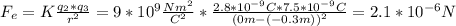 F_e = K\frac{q_2*q_3}{r^2} = 9*10^9 \frac{Nm^2}{C^2} * \frac{2.8*10^{-9}C * 7.5*10^{-9}C}{(0m - (-0.3m))^2} = 2.1 * 10^{-6} N