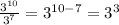 \frac{3^{10}}{3^7}=3^{10-7}=3^3