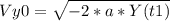 Vy0 = \sqrt{-2 * a * Y(t1)}