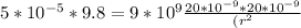5*10^{-5}*9.8 = 9*10^{9} \frac{20*10^{-9}*20*10^{-9}}{(r^2}