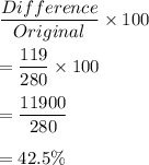 \dfrac{Difference}{Original}\times 100\\\\=\dfrac{119}{280}\times 100\\\\=\dfrac{11900}{280}\\\\=42.5\%