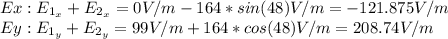 Ex: E_{1_{x}} + E_{2_{x}} = 0 V/m - 164 *sin(48) V/m= -121.875 V/m\\Ey: E_{1_{y}} + E_{2_{y}} = 99 V/m + 164 *cos(48) V/m = 208.74 V/m\\