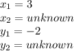 x_{1} =3\\x_{2} =unknown\\y_{1} =-2\\y_{2} =unknown