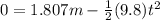 0=1.807m-\frac{1}{2}(9.8)t^{2}