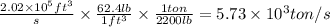 \frac{2.02 \times 10^{5} ft^{3}  }{s} \times \frac{62.4lb}{1ft^{3} } \times \frac{1ton}{2200lb} = 5.73 \times 10^{3} ton/s