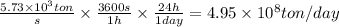 \frac{ 5.73 \times 10^{3} ton}{s} \times \frac{3600s}{1h} \times \frac{24h}{1day} = 4.95 \times 10^{8} ton/day