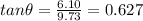 tan\theta =\frac{6.10}{9.73}=0.627