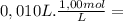 0,010 L.\frac{1,00 mol}{L} =
