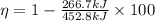 \eta=1- \frac{266.7 kJ}{452.8 kJ }\times 100
