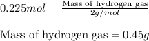 0.225mol=\frac{\text{Mass of hydrogen gas}}{2g/mol}\\\\\text{Mass of hydrogen gas}=0.45g