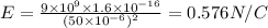 E=\frac{9\times 10^9\times 1.6\times 10^{-16}}{(50\times 10^{-6})^2}=0.576N/C