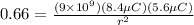0.66 = \frac{(9\times 10^9)(8.4 \mu C)(5.6 \mu C)}{r^2}