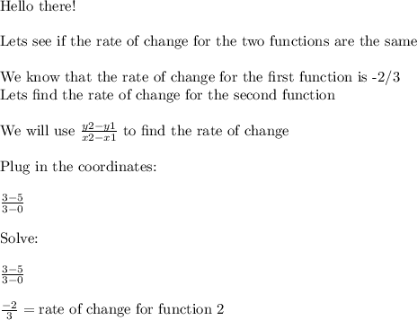 \text{Hello there!}\\\\\text{Lets see if the rate of change for the two functions are the same}\\\\\text{We know that the rate of change for the first function is -2/3}\\\text{Lets find the rate of change for the second function}\\\\\text{We will use}\,\,\frac{y2-y1}{x2-x1}\,\,\text{to find the rate of change}\\\\\text{Plug in the coordinates:}\\\\\frac{3-5}{3-0}\\\\\text{Solve:}\\\\\frac{3-5}{3-0}\\\\\frac{-2}{3} = \text{rate of change for function 2}\\