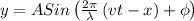 y = A Sin\left ( \frac{2\pi }{\lambda }\left ( vt-x \right )+\phi  \right )