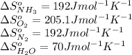 \Delta S^o_{NH_3}=192Jmol^{-1}K^{-1}\\\Delta S^o_{O_2}=205.1Jmol^{-1}K^{-1}\\\Delta S^o_{N_2}=192Jmol^{-1}K^{-1}\\\Delta S^o_{H_2O}=70Jmol^{-1}K^{-1}