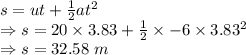 s=ut+\frac{1}{2}at^2\\\Rightarrow s=20\times 3.83+\frac{1}{2}\times -6\times 3.83^2\\\Rightarrow s=32.58\ m