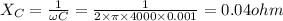 X_C=\frac{1}{\omega C}=\frac{1}{2\times \pi \times 4000\times 0.001}=0.04ohm