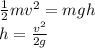 \frac{1}{2}mv^{2}=mgh\\h=\frac{v^{2} }{2g}