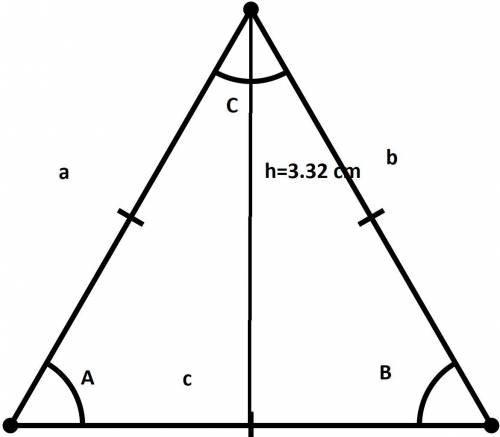 An equilateral triangle has a height of 3.32 cm. draw the picture and use this information to determ