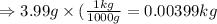\Rightarrow 3.99g\times (\frac{1kg}{1000g}=0.00399kg