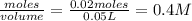 \frac{moles}{volume} =\frac{0.02moles}{0.05L}= 0.4M