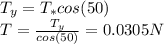 T_y = T_*cos(50)\\T = \frac{T_y}{cos(50)} = 0.0305 N