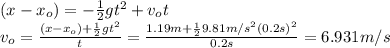 (x-x_o) = -\frac{1}{2}gt^2 + v_ot\\v_o = \frac{(x-x_o)+\frac{1}{2}gt^2}{t} = \frac{1.19m+\frac{1}{2} 9.81m/s^2(0.2s)^2}{0.2s} = 6.931 m/s