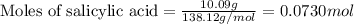 \text{Moles of salicylic acid}=\frac{10.09g}{138.12g/mol}=0.0730mol
