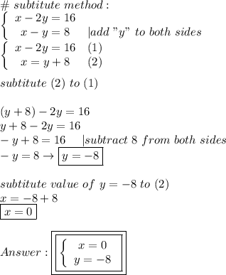 \#\ subtitute\ method:\\\left\{\begin{array}{ccc}x-2y=16\\x-y=8&|add\ "y"\ to\ both\ sides\end{array}\right\\\left\{\begin{array}{ccc}x-2y=16&(1)\\x=y+8&(2)\end{array}\right\\\\subtitute\ (2)\ to\ (1)\\\\(y+8)-2y=16\\y+8-2y=16\\-y+8=16\ \ \ \ |subtract\ 8\ from\ both\ sides\\-y=8\to \boxed{y=-8}\\\\subtitute\ value\ of\ y=-8\ to\ (2)\\x=-8+8\\\boxed{x=0}\\\\\boxed{\boxed{\left\{\begin{array}{ccc}x=0\\y=-8\end{array}\right}}