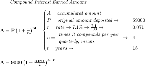 \bf \qquad \textit{Compound Interest Earned Amount}&#10;\\\\&#10;A=P\left(1+\frac{r}{n}\right)^{nt}&#10;\quad &#10;\begin{cases}&#10;A=\textit{accumulated amount}\\&#10;P=\textit{original amount deposited}\to &\$9000\\&#10;r=rate\to 7.1\%\to \frac{7.1}{100}\to &0.071\\&#10;n=&#10;\begin{array}{llll}&#10;\textit{times it compounds per year}\\&#10;\textit{quarterly, means}&#10;\end{array}\to &4\\&#10;&#10;t=years\to &18&#10;\end{cases}&#10;\\\\\\&#10;A=9000\left(1+\frac{0.071}{4}\right)^{4\cdot 18}