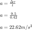 a = \frac{\Delta v}{t} \\\\a = \frac{9.5}{0.42} \\\\a = 22.62 m/s^2\\
