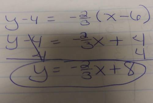 What is the equation of the line that passes through the point (6,4) and has a slope of -2/3