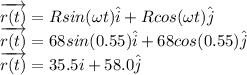 \overrightarrow {r(t)} = Rsin(\omega t)\hat{i} + Rcos(\omega t)\hat{j}\\\overrightarrow {r(t)} = 68sin(0.55)\hat{i} + 68cos(0.55)\hat{j}\\\overrightarrow {r(t)} = 35.5{i} + 58.0\hat{j}
