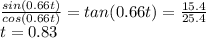 \frac{sin(0.66t)}{cos(0.66t)}=tan(0.66t)=\frac{15.4}{25.4}\\t=0.83