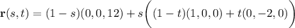 \mathbf r(s,t)=(1-s)(0,0,12)+s\bigg((1-t)(1,0,0)+t(0,-2,0)\bigg)