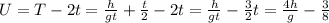U= T-2t=\frac{h}{gt}+\frac{t}{2}-2t=\frac{h}{gt}-\frac{3}{2}t=\frac{4h}{g}-\frac{3}{8}