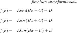 \bf \qquad \qquad \qquad \qquad \textit{function transformations}&#10;\\ \quad \\&#10;% function transformations for trigonometric functions&#10;\begin{array}{rllll}&#10;% left side templates&#10;f(x)=&{{  A}}sin({{  B}}x+{{  C}})+{{  D}}&#10;\\\\&#10;f(x)=&{{  A}}cos({{  B}}x+{{  C}})+{{  D}}\\\\&#10;f(x)=&{{  A}}tan({{  B}}x+{{  C}})+{{  D}}&#10;&#10;\end{array}\qquad