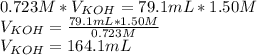 0.723M* V_{KOH}= 79.1mL*1.50 M\\V_{KOH}=\frac{79.1mL*1.50 M}{0.723 M} \\V_{KOH}=164.1mL
