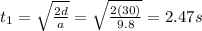t_1=\sqrt{\frac{2d}{a}}=\sqrt{\frac{2(30)}{9.8}}=2.47 s