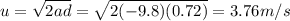 u=\sqrt{2ad}=\sqrt{2(-9.8)(0.72)}=3.76 m/s