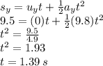 s_{y}=u_{y}t+\frac{1}{2}a_{y}t^{2}\\9.5=(0)t+\frac{1}{2}(9.8)t^{2}\\t^{2}=\frac{9.5}{4.9}\\t^{2}=1.93\\t=1.39\,s
