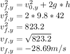 v_{f,y}^{2} = v_{0,y}^2 + 2g*h \\v_{f,y}^{2} = 2*9.8*42 \\v_{f,y}^{2} = 823.2 \\v_{f,y} = \sqrt{823.2} \\v_{f,y} = -28.69 m/s