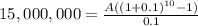 15,000,000=\frac{A((1+0.1)^{10} -1)}{0.1}