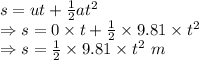 s=ut+\frac{1}{2}at^2\\\Rightarrow s=0\times t+\frac{1}{2}\times 9.81\times t^2\\\Rightarrow s=\frac{1}{2}\times 9.81\times t^2\ m