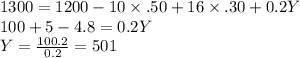 1300=1200-10\times .50+16\times .30+0.2Y\\100+5-4.8=0.2Y\\Y=\frac{100.2}{0.2}=501