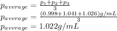 p_{average}=\frac{p_{1}+p_{2}+p_{3}}{3}   \\p_{average}=\frac{(0.998+1.041+1.026)g/mL}{3}\\p_{average}=1.022g/mL