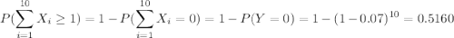 P(\displaystyle\sum_{i=1}^{10} X_i\geq 1)=1-P(\displaystyle\sum_{i=1}^{10} X_i=0)=1-P(Y=0)=1-(1-0.07)^{10}=0.5160