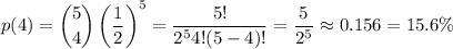p(4)=\dbinom54\left(\dfrac12\right)^5=\dfrac{5!}{2^54!(5-4)!}=\dfrac5{2^5}\approx0.156=15.6\%