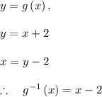 y=g\left( x \right) ,\\ \\ y=x+2\\ \\ x=y-2\\ \\ \therefore \quad { g }^{ -1 }\left( x \right) =x-2