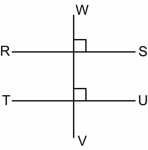 Line wv is perpendicular to both line rs and line tu. which statement must be true about line tu?  l